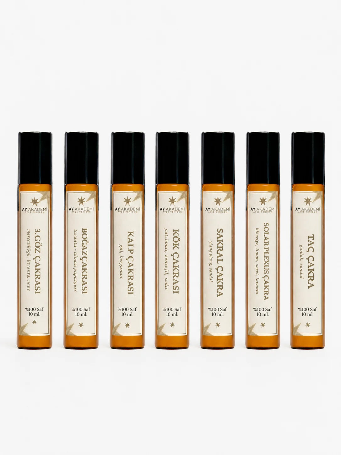 Ay Akademi 7 Çakra Yağı Seti – Kök, Sakral, Solar Plexus, Kalp, Boğaz, 3. Göz ve Taç Çakra Roll-On Yağları %100 Saf 10 ml