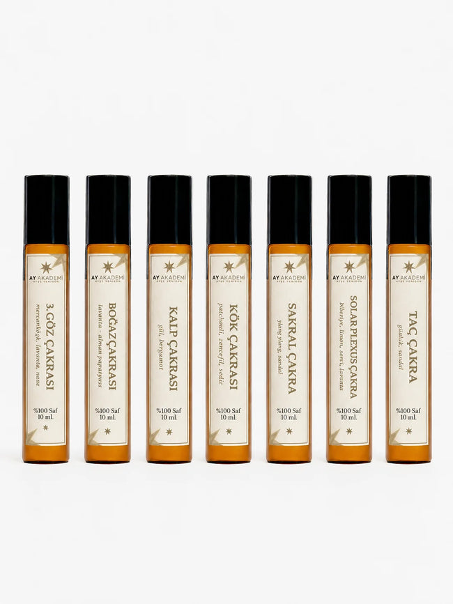 Ay Akademi 7 Çakra Yağı Seti – Kök, Sakral, Solar Plexus, Kalp, Boğaz, 3. Göz ve Taç Çakra Roll-On Yağları %100 Saf 10 ml
