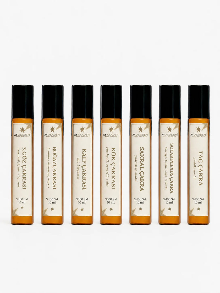 Ay Akademi 7 Çakra Yağı Seti – Kök, Sakral, Solar Plexus, Kalp, Boğaz, 3. Göz ve Taç Çakra Roll-On Yağları %100 Saf 10 ml
